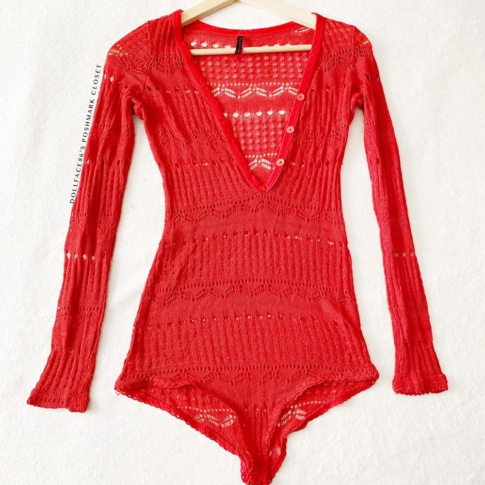 Red Crochet Henley Neckline Bodysuit